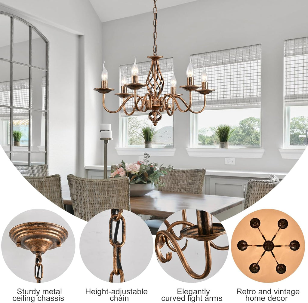 French Country Chandeliers, 6 Lights Rustic Vintage Metal Pendant Light Fixture Hanging Light for Farmhouse, Kitchen Island, Dining Room, Living Room, Antique Bronze E12 Base