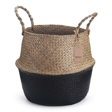 Seagrass Belly Basket with Handles Natural Woven Planter Baskets for Indoor Plants Storage Laundry (Black 8 inch D x