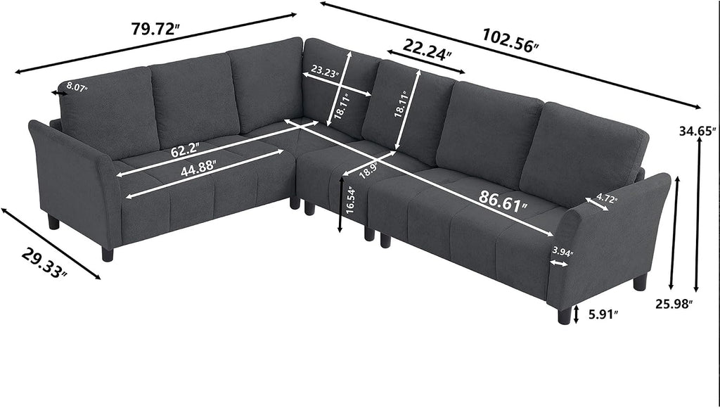 102" L Shape Sectional Couch,6 Seat Convertible Modern Corner Sofa Sectional with Removable Covers , Dark Grey