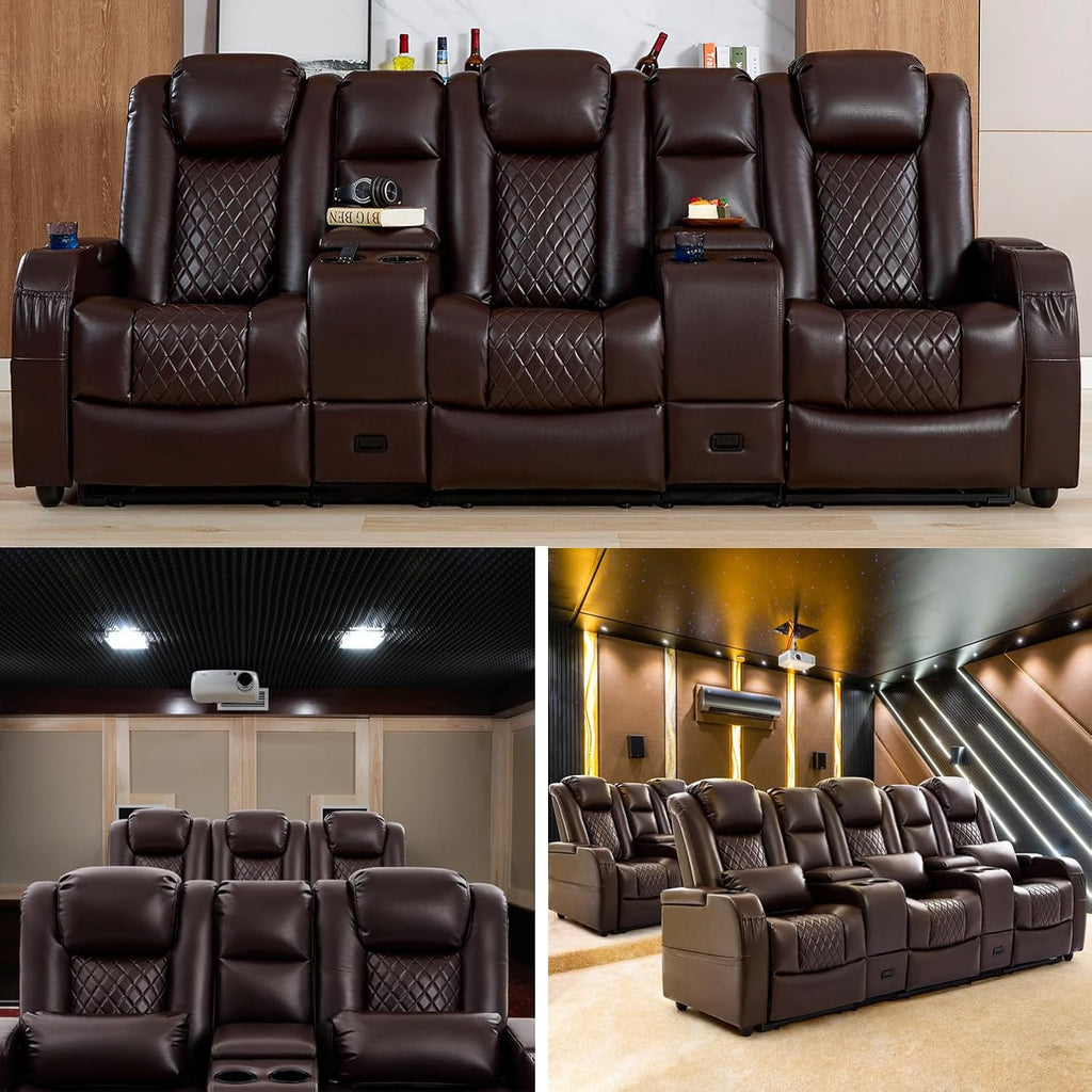 Home Theater Seating, Recliner Sofa PU Leather with Central Console and 3 Pillows