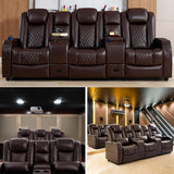 Home Theater Seating, Recliner Sofa PU Leather with Central Console and 3 Pillows