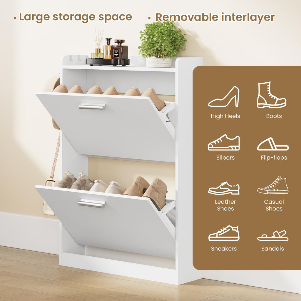 Slim Shoe Cabinet with 2 Flip Drawers, 23.6" W White