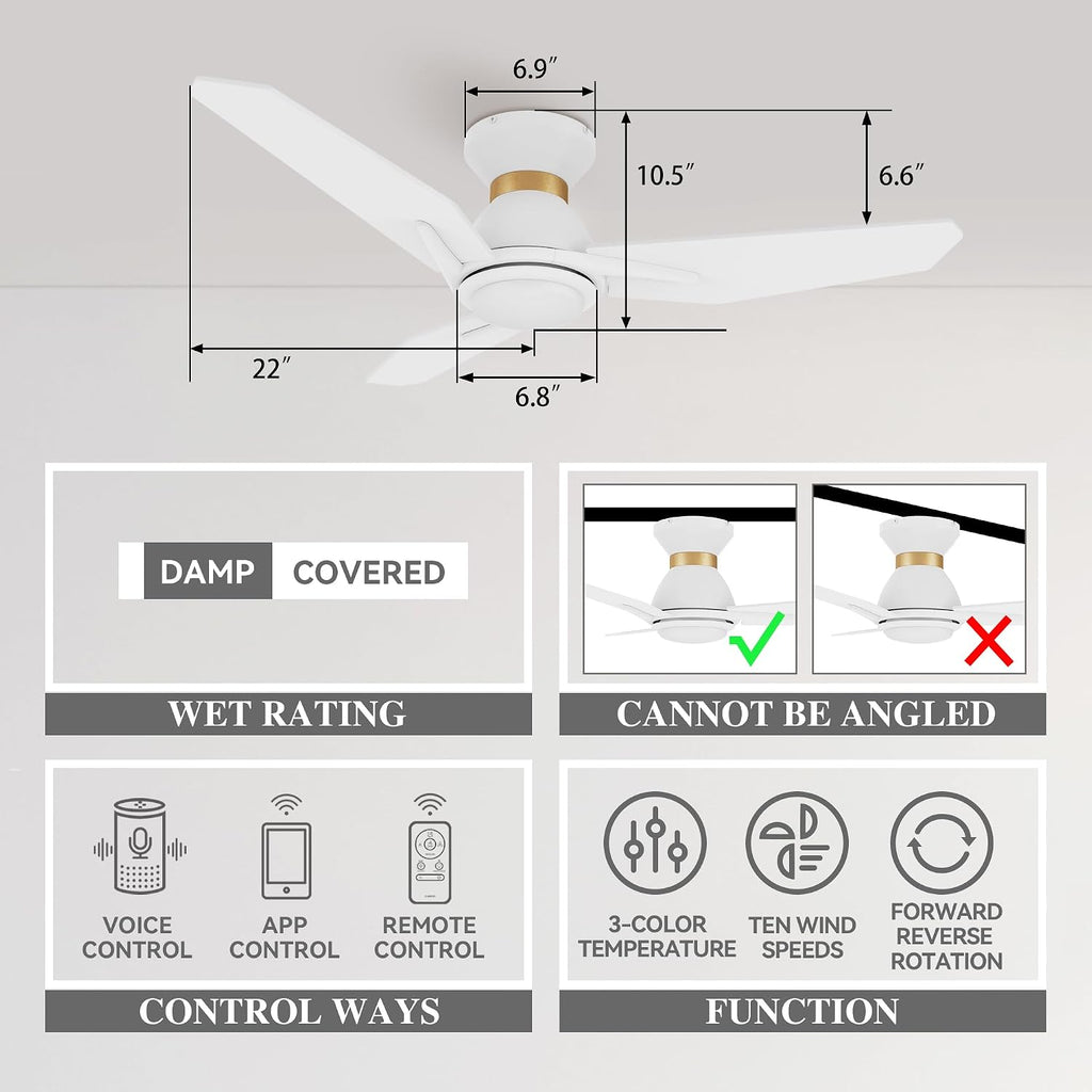 44 Inch Smart Ceiling Fan with Light, Indoor/Outdoor Ceiling Fan with DC Motor,10-speed,8 Hours Timer