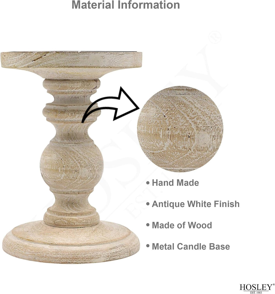 Set of 2 Antique White Wooden Pillar Candle Holders - 7 Inch Rustic Farmhouse Candlestick Stand, Distressed Candle