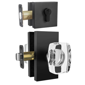 Crystal Glass Passage Door Knob and Single Cylinder Deadbolt Combo Set Key Lock, Matte Black