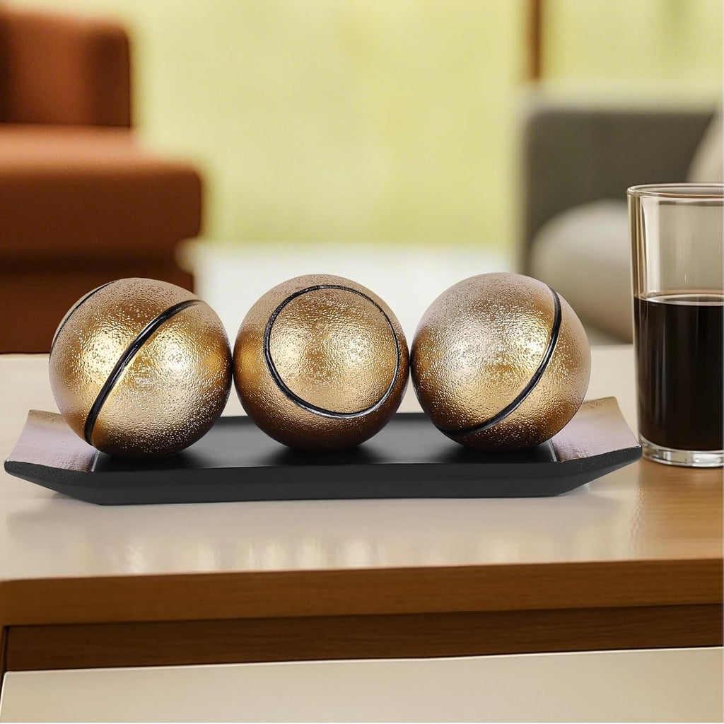 Decorative Tray with Balls Set, Black Gold Decor Orbs TV Stand, Coffee Table Centerpiece, Elegant Orbs Decorative
