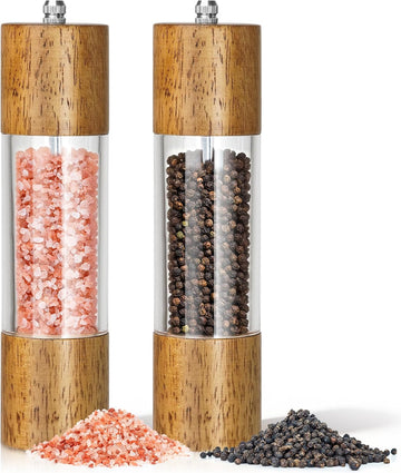 2-Pack Wooden Salt and Pepper Grinder Set - 8 Inch Manual Adjustable Ceramic Grinding, Refillable Acrylic Salt - Set of 2