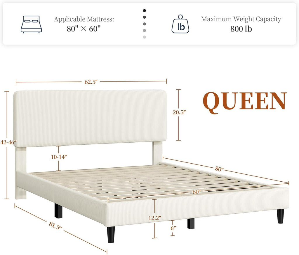 Queen Bed Frames with Adjustable Headboard, Chenille Fabric Upholstered Headboard/Platform Bed