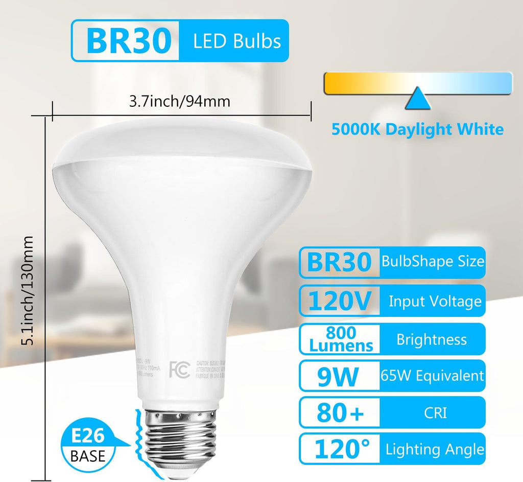 24 Pack BR30 LED Bulbs 65W Equivalent, Dimmable Indoor Flood Lights 5000K Daylight White, 9W, 800 Lumens, E26 Base