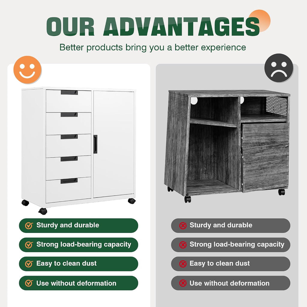 5 Drawer Storage Cabinet, Mobile Printer Stand,Dresser Chest with Shelves and Door(White)