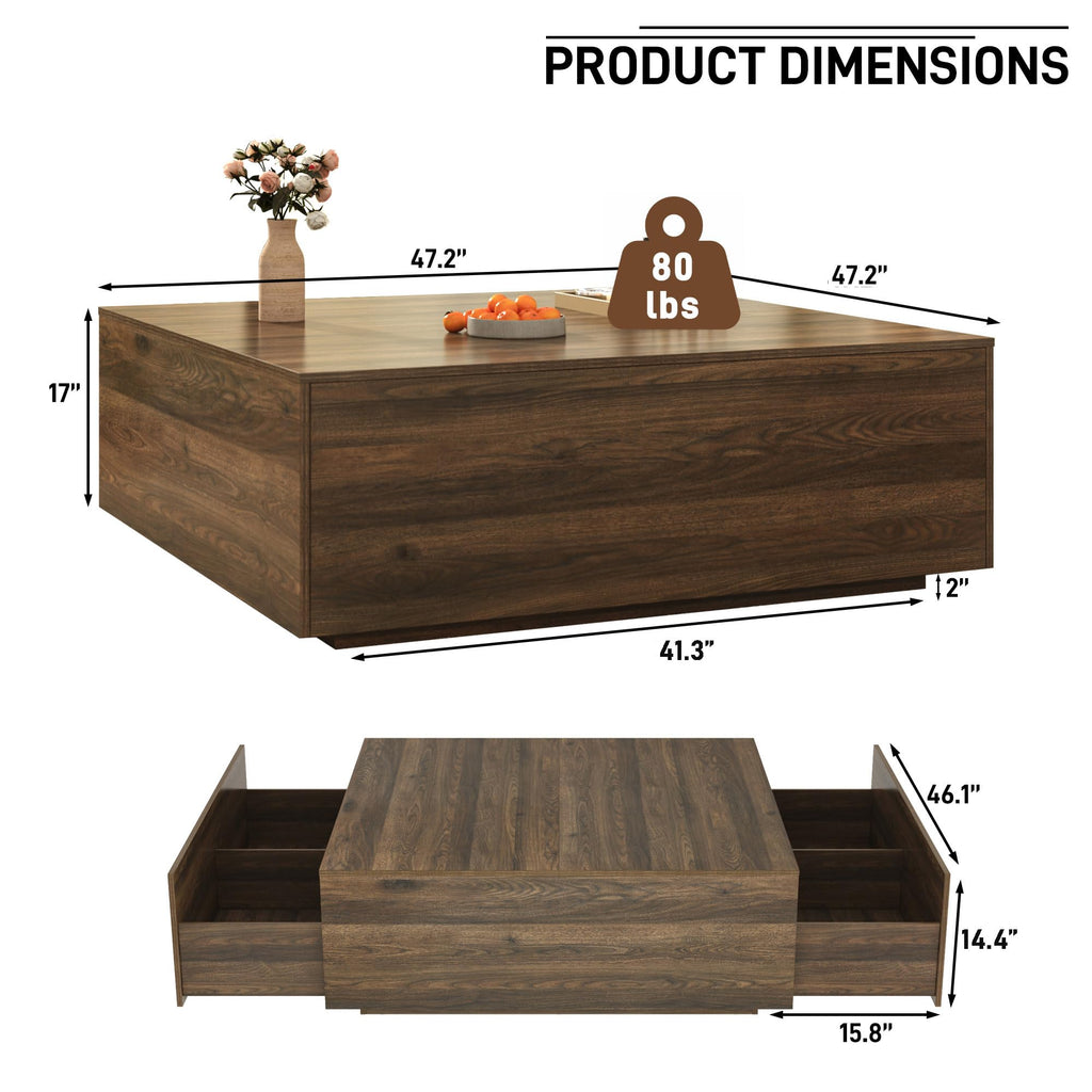 47 Inch Large Square Coffee Table with Storage, Wooden Coffee Table((Walnut)