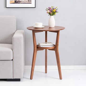 Bamboo Round Side Table, 2-Tier Mid Century Modern Sofa End Table