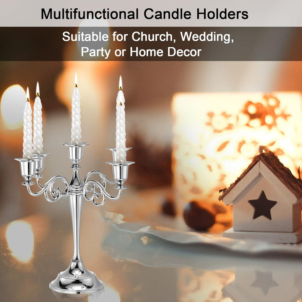 Candelabra Candle Holders, 5 Arm Metal Candlestick Stand for Taper Candles, 10.5 inch Tall Candle StandDecor, Silver