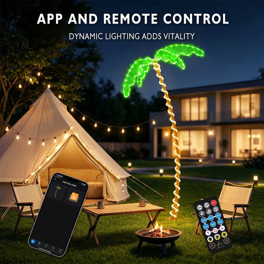 7FT Lighted Palm Tree for Outside Patio, APP & Remote Control Artificial Palm Tree with Metal Trunk and Rope LEDs