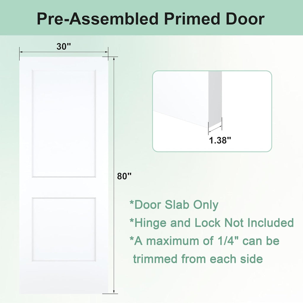 30"x80" 2-Panel Shaker Style White Primed Hollow Core Interior Molded Door Slab, NOT Pre-drilled and NOT Included Hardware, Pre-Assembled Interior Door for Pantry, Laundry, Closet