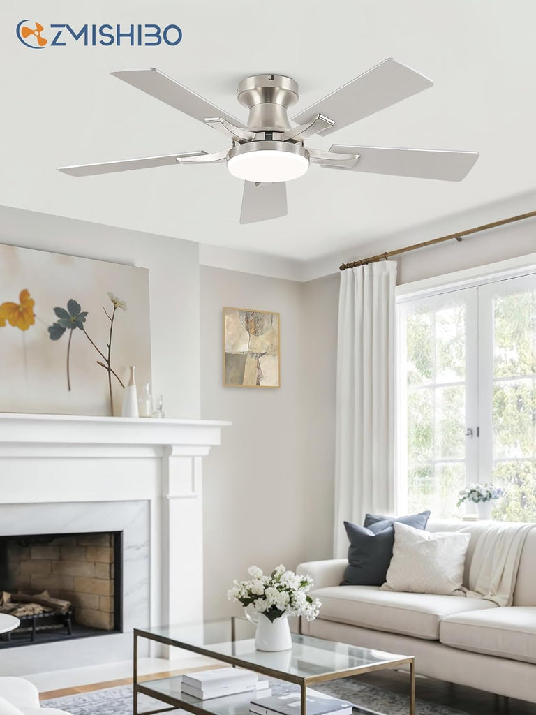 42 Inch Ceiling Fan with Light, App&Remote Control, Flush Mount Low Profile, Dimmable 20W LED Light, Quiet Reversible Motor for Bedroom, Living Room, Apartment, Nickel