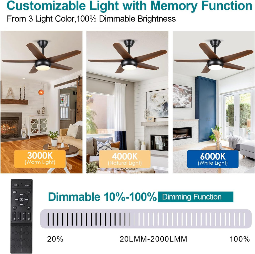 Low Profile Flush Mount Ceiling Fan with Lights - 44IN Modern Indoor/Outdoor Ceiling Fan Light with Remote/APP, Reversible DC Motor with 6 Speeds, Dimming, Brown