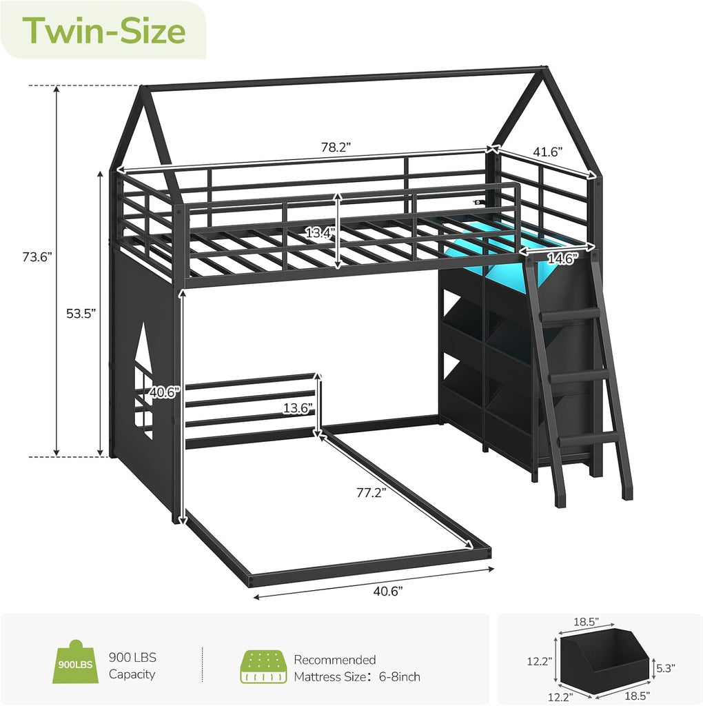 Low Bunk Bed Twin Over Twin with Toy Storage Organizer-6 Removable Bins, Floor Bunk Beds with LED Lights