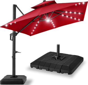12x12ft LED Cantilever Patio Umbrella w/Base Included & 360° Rotation - Red