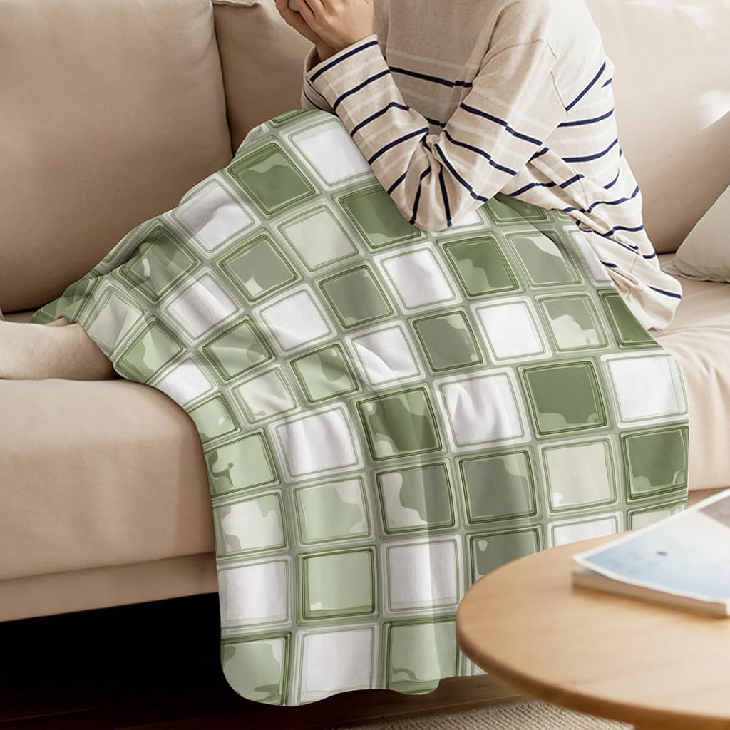 Coastal Aesthetic Throw Blanket Boho Sage Green Squares Mosaic Flannel Cozy Soft Warm Fleece Blankets, 50 x 60 inch