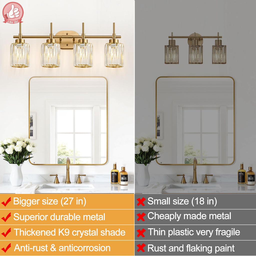 Modern Crystal Bathroom Vanity Light, 4-Light Gold Bathroom Light Fixtures Over Mirror, Crystal Vanity Light with