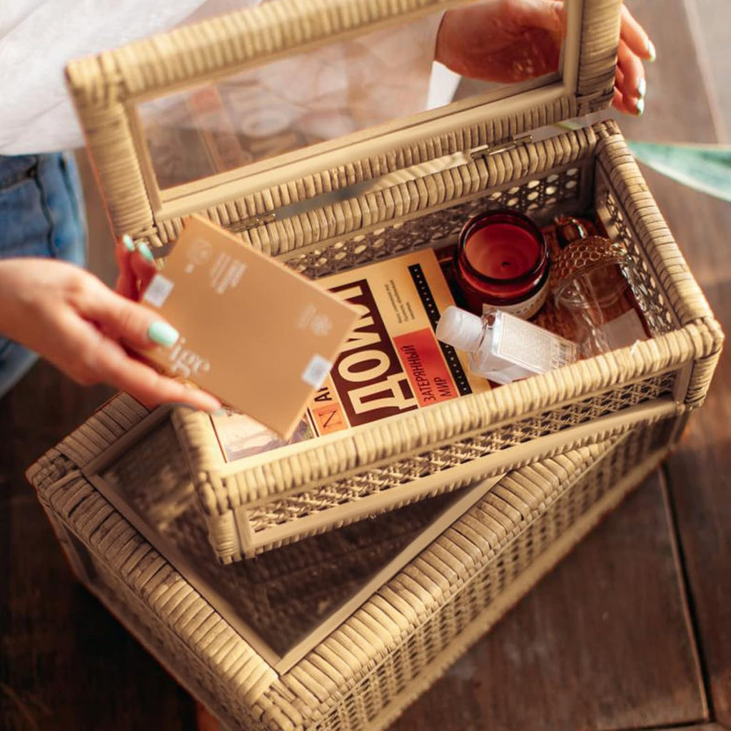 Large Handwoven Boho Rattan Display Boxes with Glass Lids Set of 2 | Rectangular Decorative Storage Bins Natural