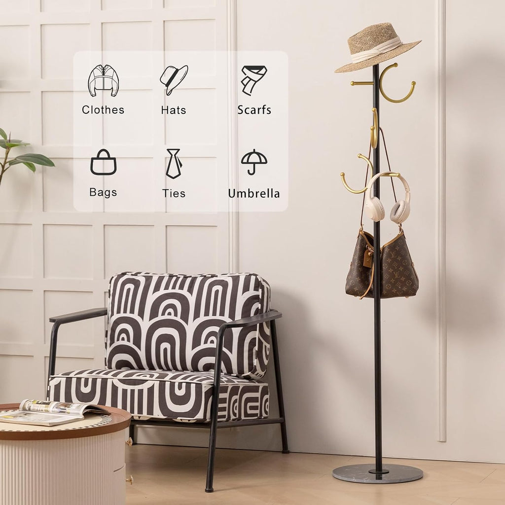 Coat Rack Freestanding Corner Coat Tree Hat Rack Stand with Heavy duty Marble Base & 6 Hooks , Hotel, Office 14.57"x