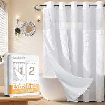 No Hooks Shower Curtain with 2 Snap in Liner, White, 71Wx74H | Waffle Weave, 1 Attached Snap in Liner and 1 Extra