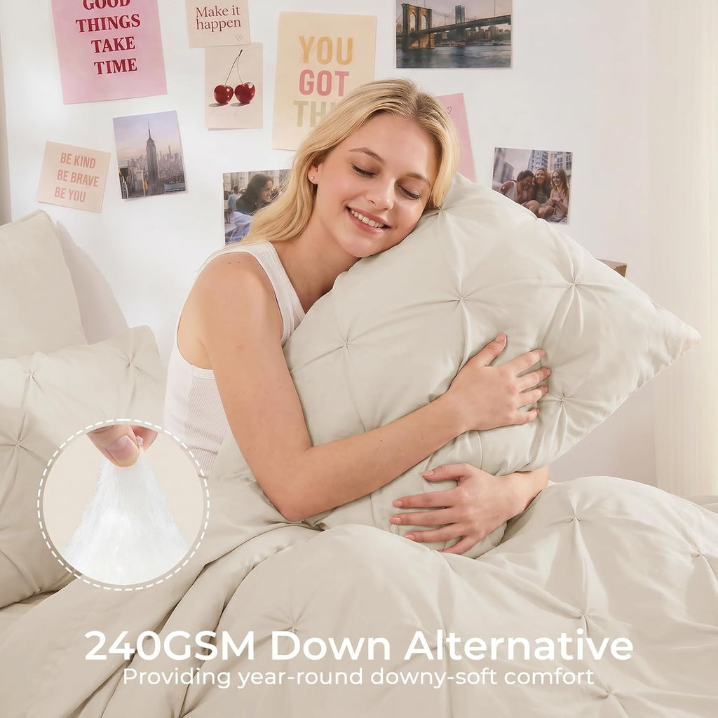 Twin Comforter Set, 5-Piece Bed in a Bag, Pintuck Bedding Sets for All Season, Includes Comforter, Flat Sheet, Fitted