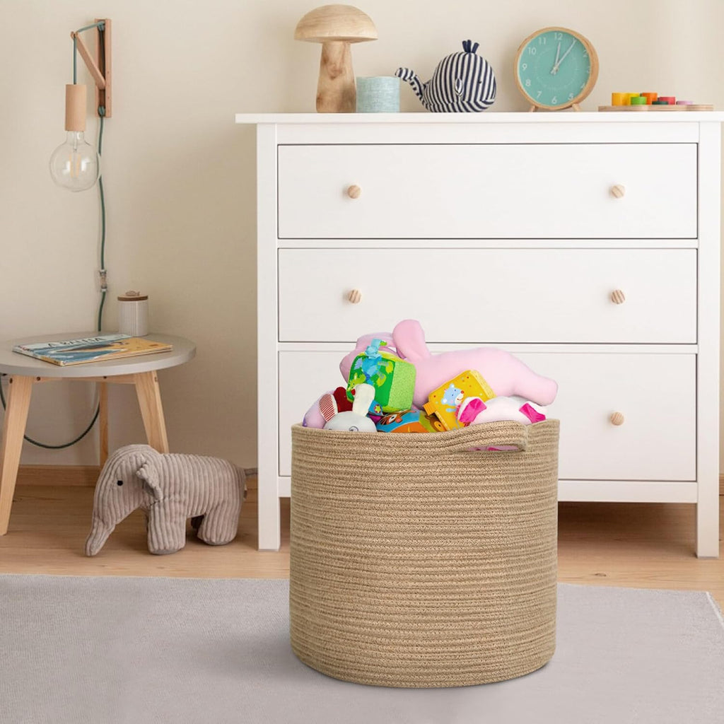 Large Wicker Storage Basket, 16" x 14" Jute Woven Basket with Handle, Living Room Blanket Storage, Big Wicker Laundry