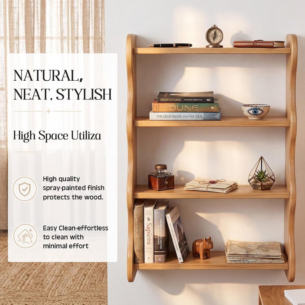 100% Solid Wood Wall Shelf 4-Tier Rustic Cloud Floating Shelves Wall Mounted Storage Rack Farmhouse Decor Display