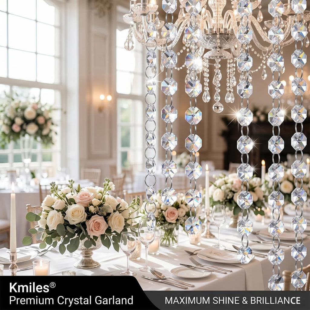 6 Strands 19.7 Ft Crystal Glass Bead Garland, Clear Octagon Beads