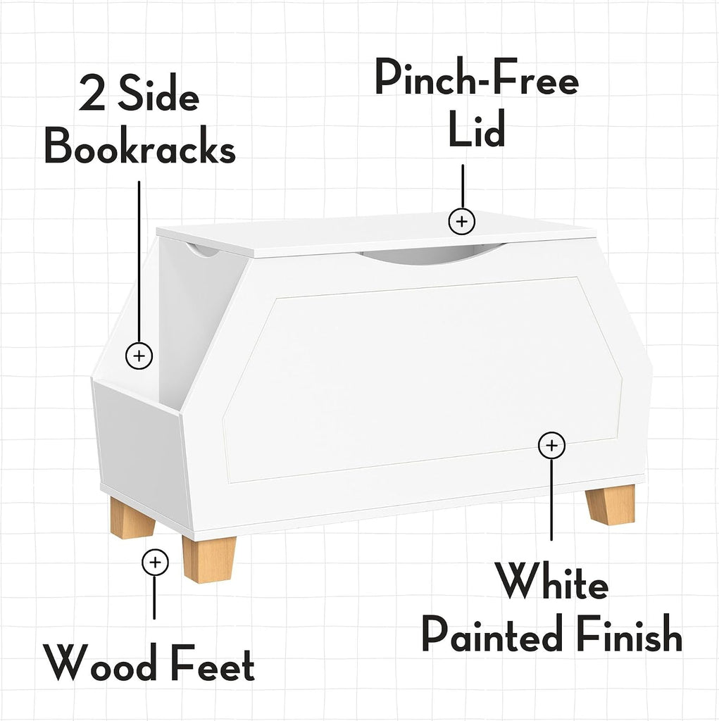 Kids Catch-All Toy Box with Side Bookshelves - White | Versatile Playrooom Storage Organizer with Book Racks