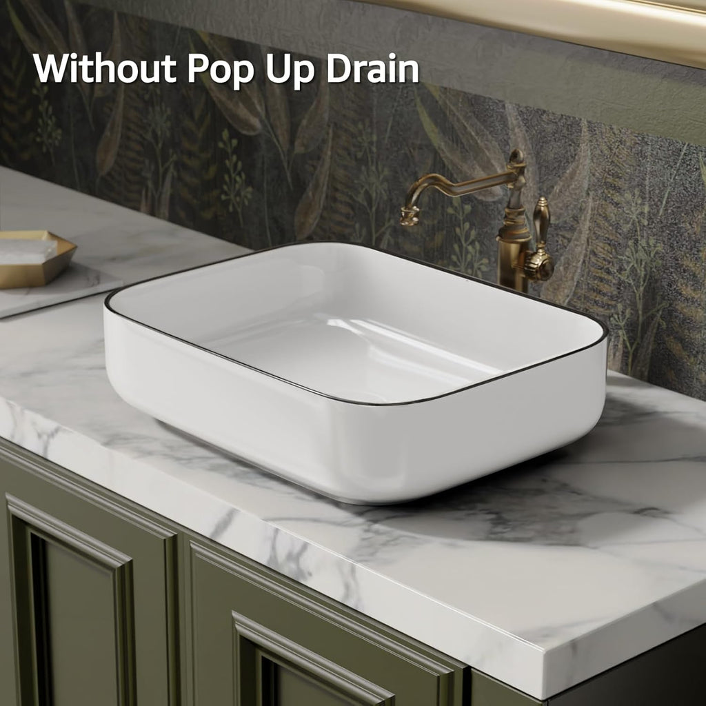 Bathroom Vessel Sink Rectangle Above Counter Porcelain Ceramic Sink Top Mount Rectanglar Countertop Sink for Bathroom 19.7"x15.2"x5.4" Glossy White with Black Rim