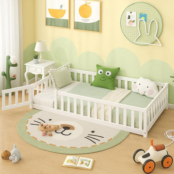 Twin Floor Bed with Fence for Kids, Wooden Montessori Bed Frame with Lockable Door & Guardrails, Low Floor Beds for