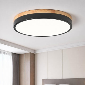 Modern Wood Black Flush Mount Ceiling Light, 11.81" Round LED Low Profile Close to Ceiling Fixture Bedroom Bathroom