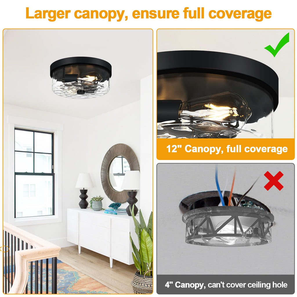 Flush Mount Ceiling Light Fixtures, 2-Light Black Ceiling Mount for Farmhouse with Water Ripple Glass Lampshade