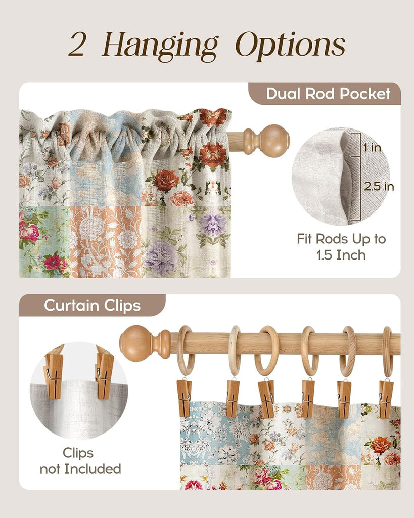 Boho Kitchen Curtains - 24 Inch Length Linen Blend Vintage Floral Cafe Curtains Country Tier Curtain Short Drapes Rod