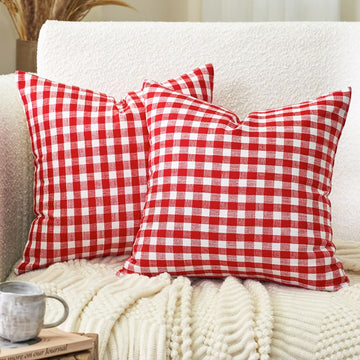 Red and White Outdoor Christmas Gingham Plaid Throw Pillow Covers 18x18