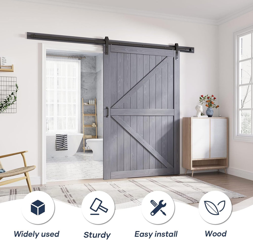 54in x 84in Gray Wood Barn Door Slab with 9ft (108inch) Barn Door Hardware Track Kit Included, Doubl