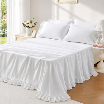 Twin Sheets 4 Pieces - White Sheets with 4-Inch Ruffles Bed Skirt | Soft Washed Microfiber Twin Sheets Set for Girls
