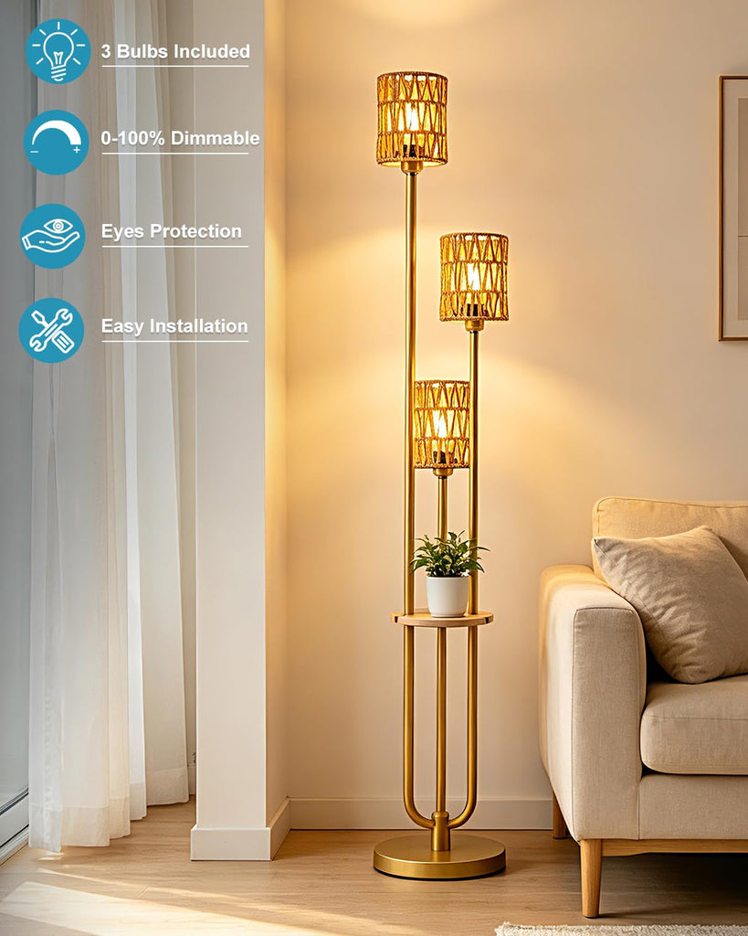 Dimmable Boho Floor Lamps with 5Lbs Heavy Base, 3-Lights Rattan Floor Lamp with Shelves Rustic Gold Standing Lamp