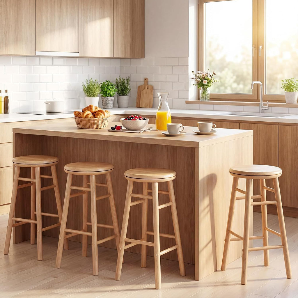 Wooden Swivel Round Bar Stools Set of 2, 24-inch Height Backless Counter Chairs with Footrest, 330Lbs Sturdy