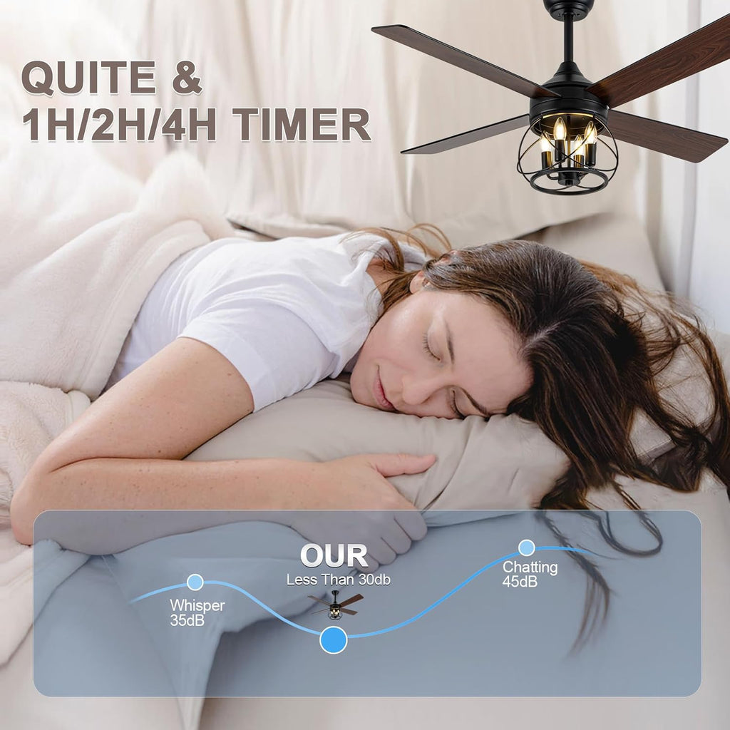 52 Inch Modern Farmhouse Ceiling Fan with Light - Industrial Caged Design