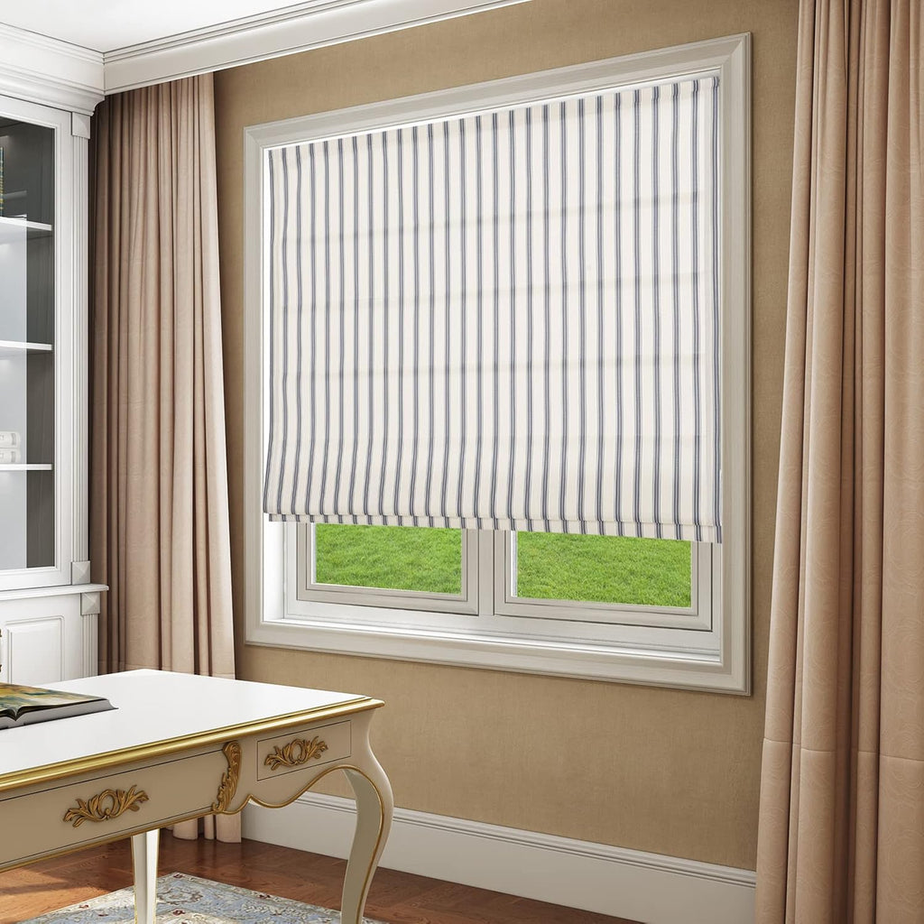 Roman Shades, Greyish Blue Stripe Blackout Cordless Fabric Custom Roman Shades for Windows, Doors, Farmhouse