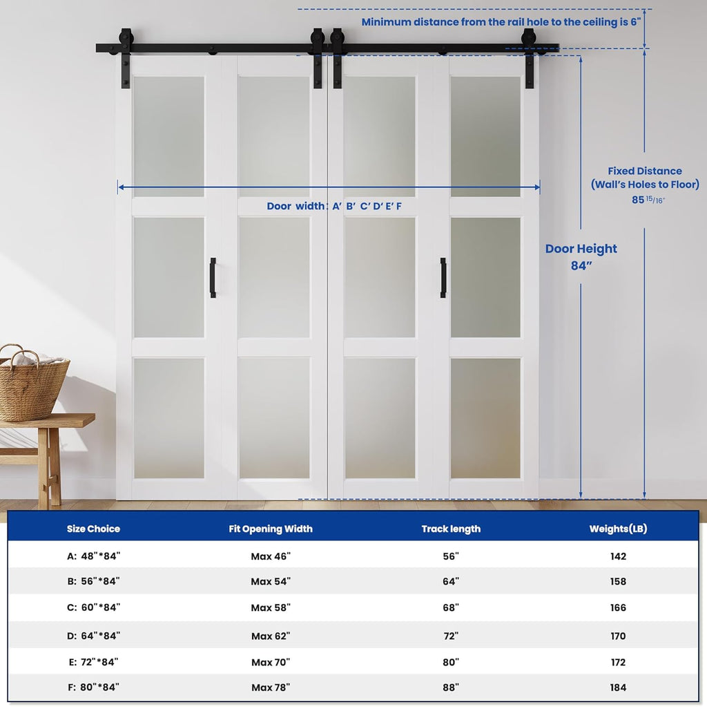 72in x 84in Bifold Barn Door, Frosted Glass Barn Door with Hardware Kit Included, Pre-Drilled Holes 