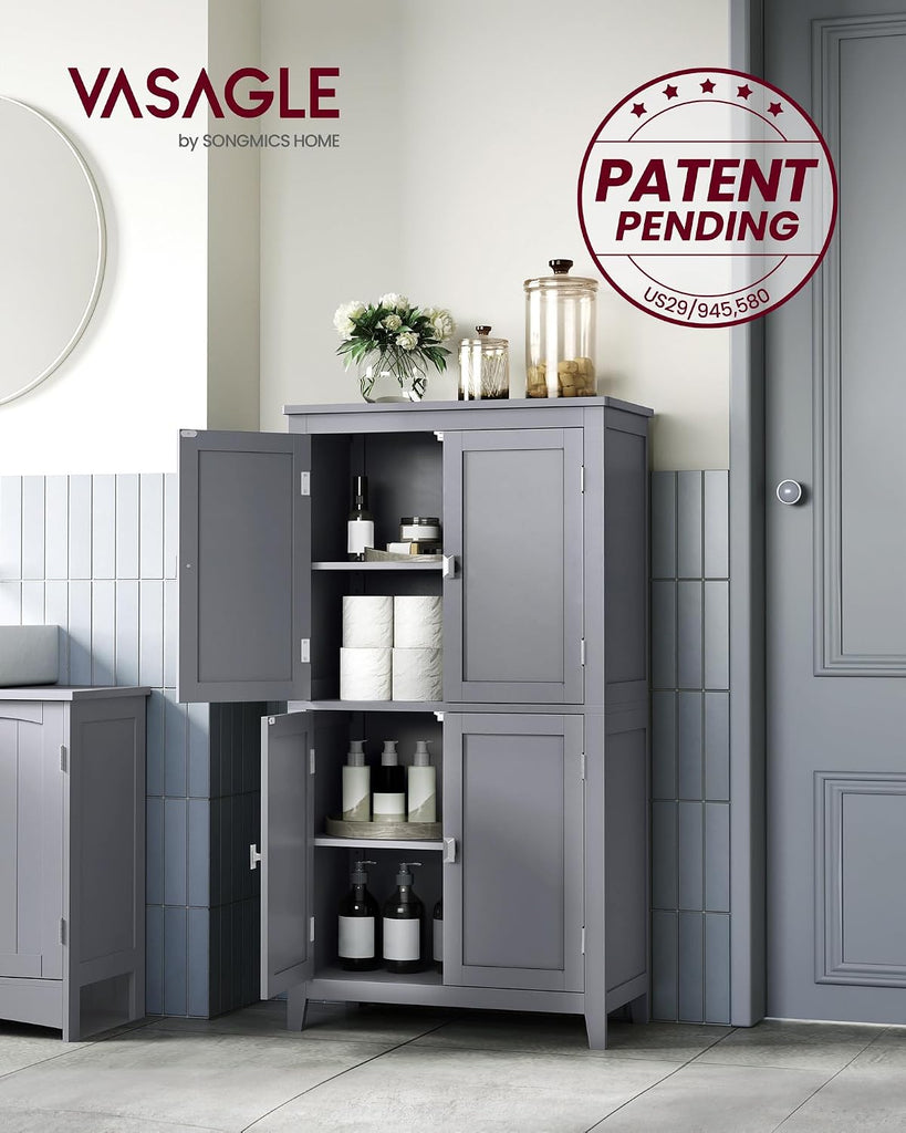 Floor Storage Cabinet, Freestanding Unit, 4 Doors | Adjustable Shelves, 11.8 x 23.6 x 43.3 Inches, Dove Gray
