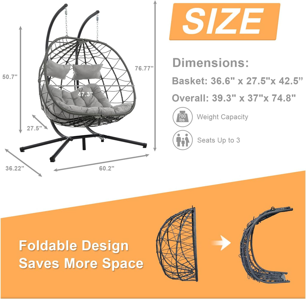 Double Egg Swing Chair with Stand, 2 Person Outdoor Indoor Hammock Hanging Chair with Cushion,Patio Wicker Hanging