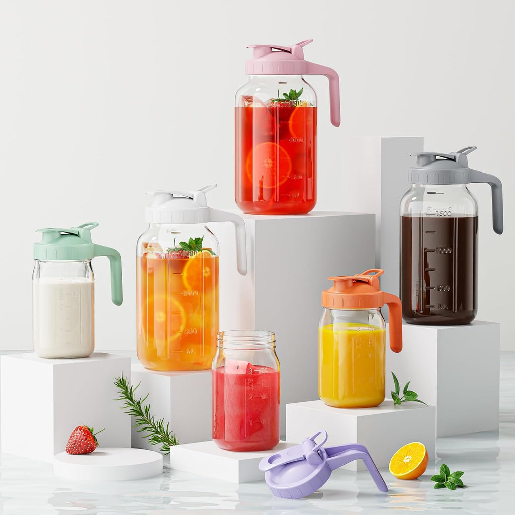 Glass Mason Jar Pitcher, 64 oz Wide Mouth Jug with Pour Spout Handle Lid for Cold Brew Coffee, Ice Beverage, Iced