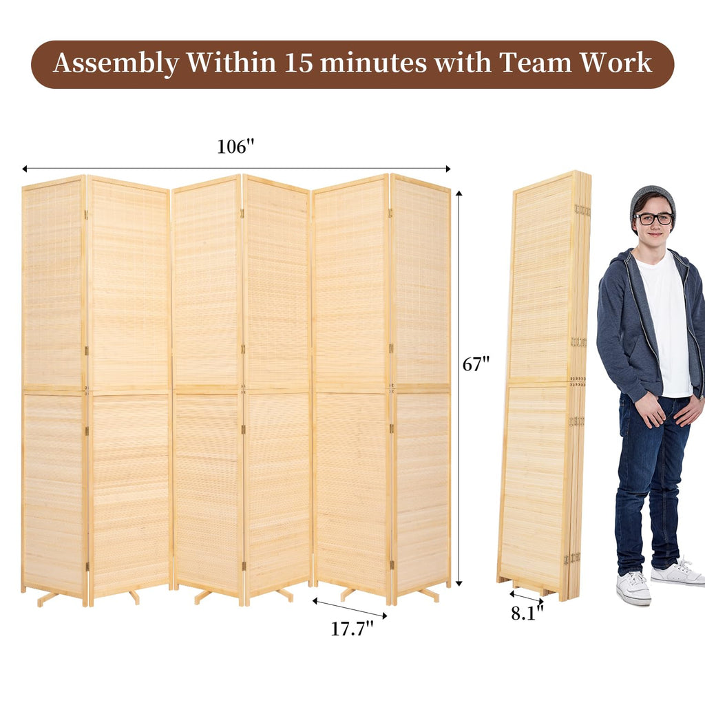 Bamboo Room Divider 6 Panel Wall Divider, Folding Screen W/Extra Stable Base